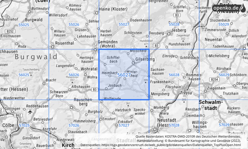 Übersichtskarte KOSTRA-DWD-2010R Rasterfeld Nr. 56027 mit angrenzenden Feldern