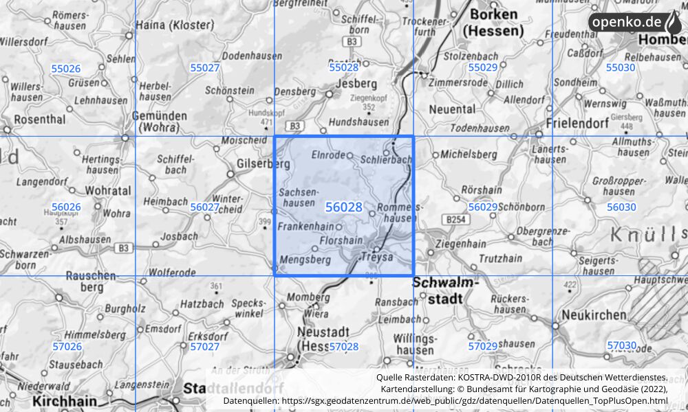 Übersichtskarte KOSTRA-DWD-2010R Rasterfeld Nr. 56028 mit angrenzenden Feldern