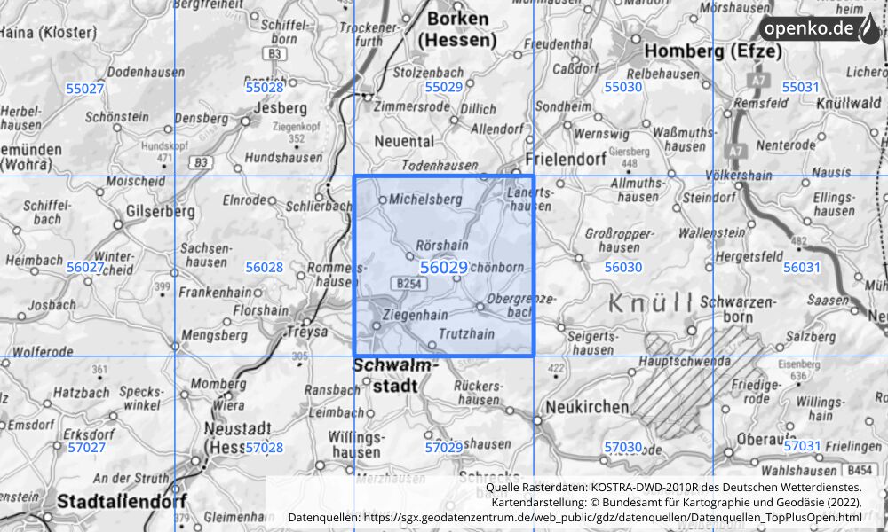 Übersichtskarte KOSTRA-DWD-2010R Rasterfeld Nr. 56029 mit angrenzenden Feldern