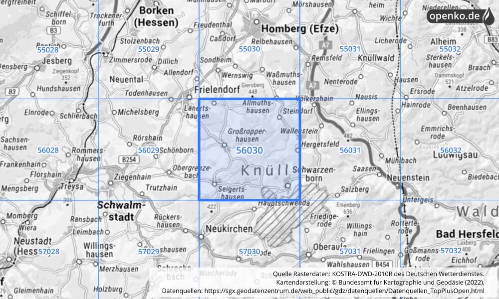 Übersichtskarte KOSTRA-DWD-2010R Rasterfeld Nr. 56030 mit angrenzenden Feldern