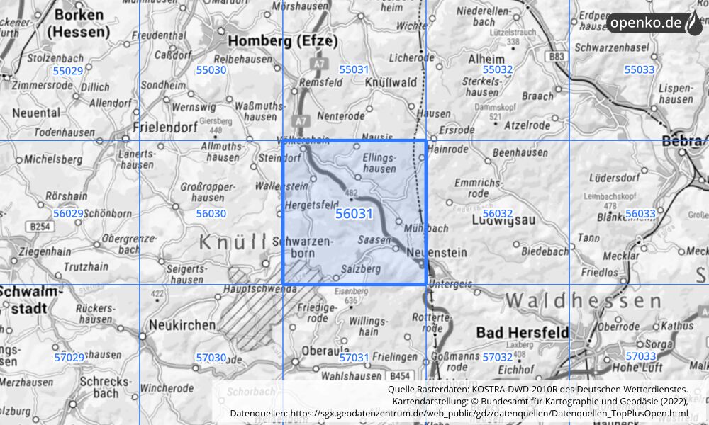 Übersichtskarte KOSTRA-DWD-2010R Rasterfeld Nr. 56031 mit angrenzenden Feldern