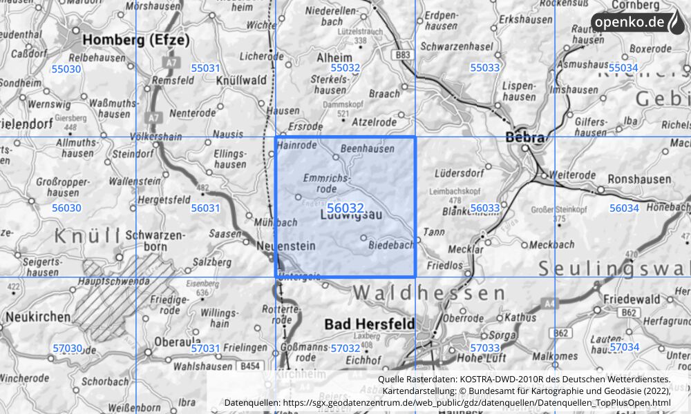 Übersichtskarte KOSTRA-DWD-2010R Rasterfeld Nr. 56032 mit angrenzenden Feldern