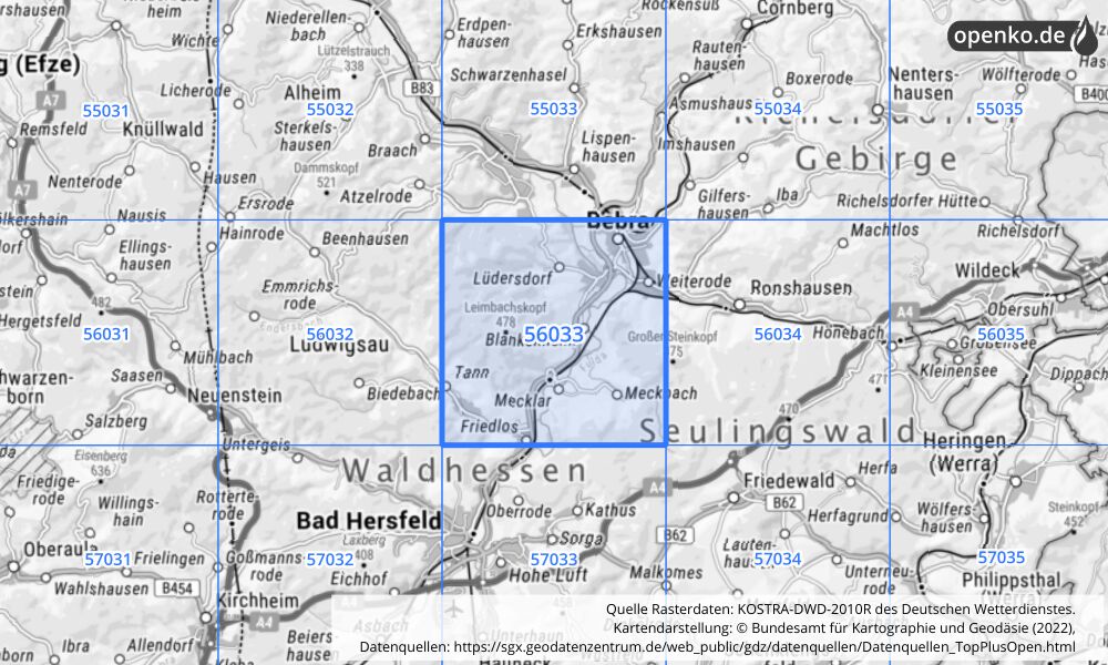 Übersichtskarte KOSTRA-DWD-2010R Rasterfeld Nr. 56033 mit angrenzenden Feldern