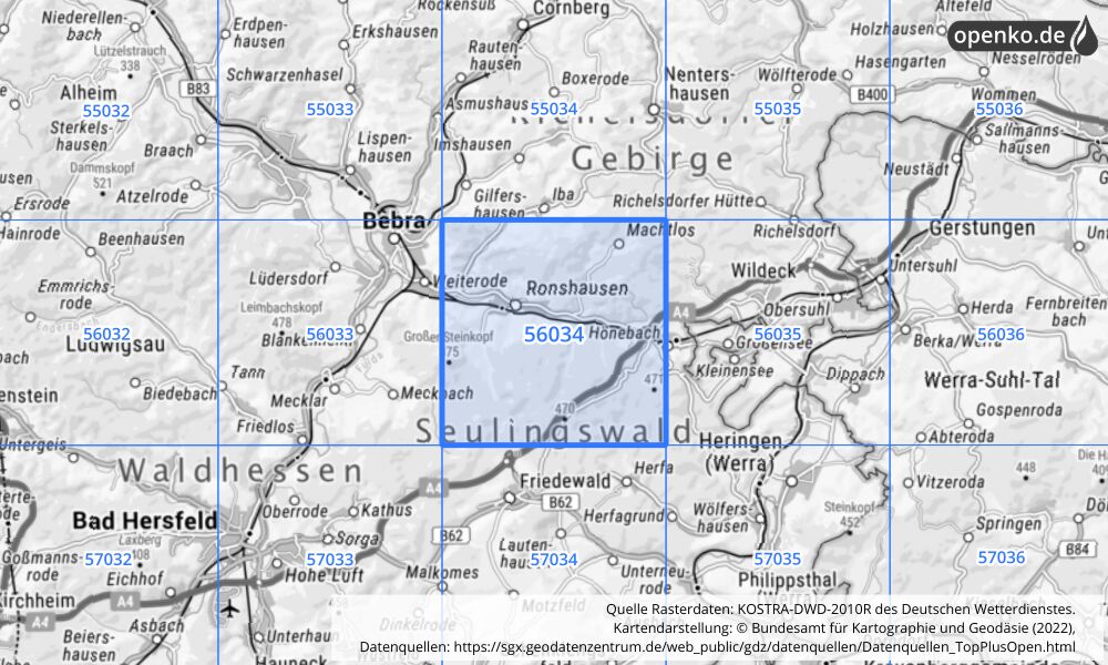 Übersichtskarte KOSTRA-DWD-2010R Rasterfeld Nr. 56034 mit angrenzenden Feldern