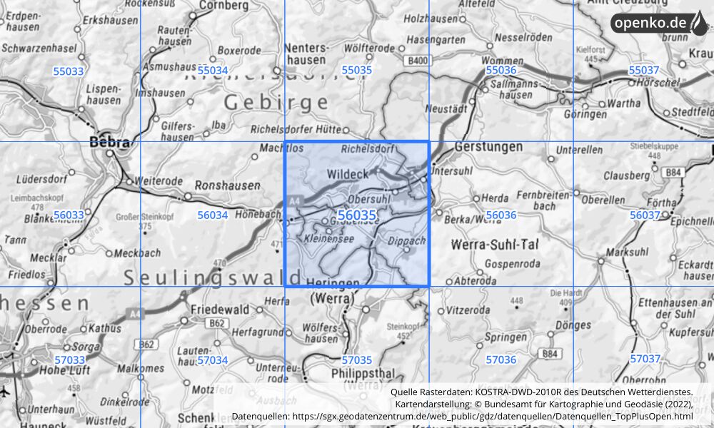 Übersichtskarte KOSTRA-DWD-2010R Rasterfeld Nr. 56035 mit angrenzenden Feldern