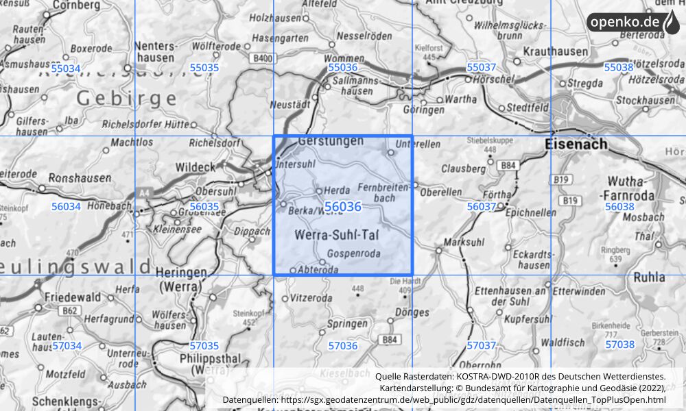 Übersichtskarte KOSTRA-DWD-2010R Rasterfeld Nr. 56036 mit angrenzenden Feldern