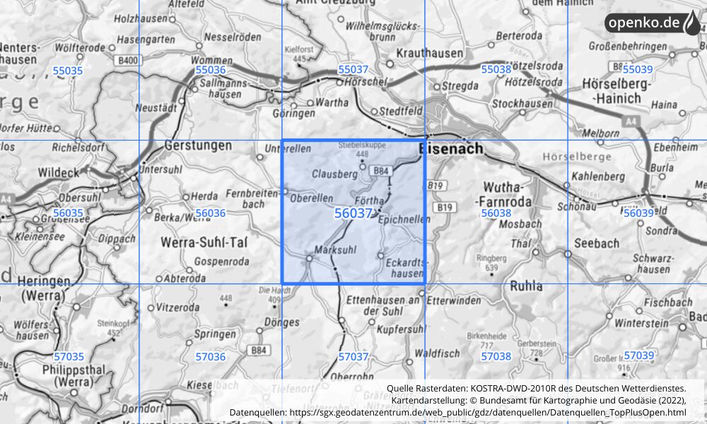 Übersichtskarte KOSTRA-DWD-2010R Rasterfeld Nr. 56037 mit angrenzenden Feldern