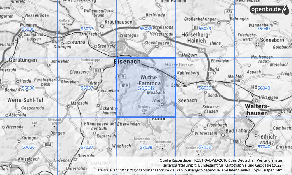 Übersichtskarte KOSTRA-DWD-2010R Rasterfeld Nr. 56038 mit angrenzenden Feldern