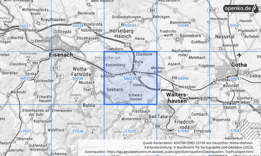 Übersichtskarte KOSTRA-DWD-2010R Rasterfeld Nr. 56039 mit angrenzenden Feldern