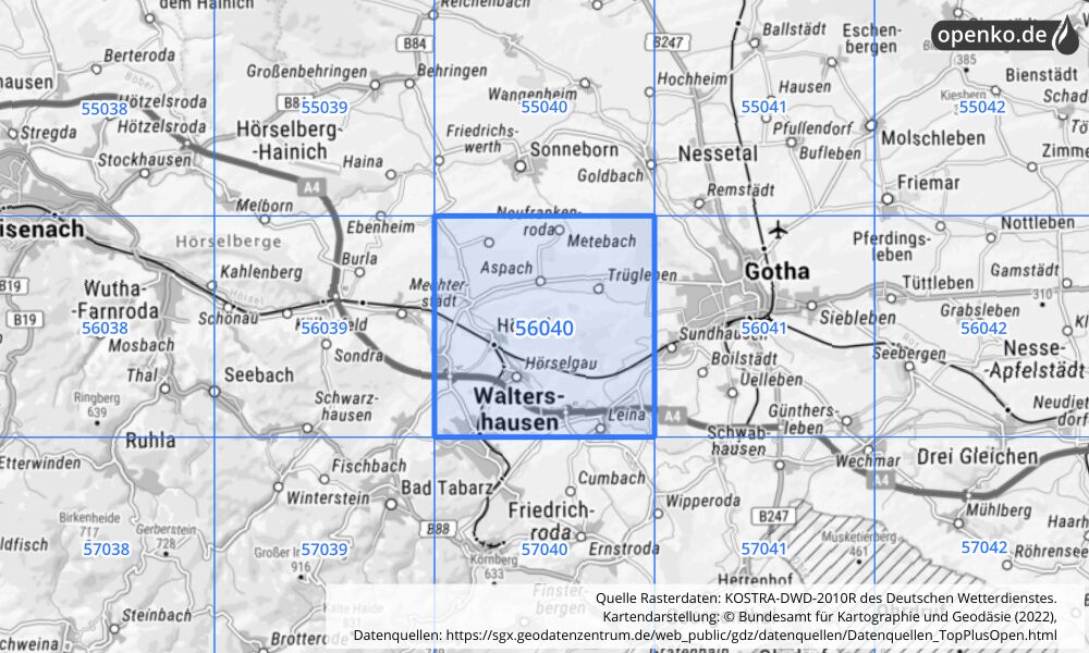 Übersichtskarte KOSTRA-DWD-2010R Rasterfeld Nr. 56040 mit angrenzenden Feldern