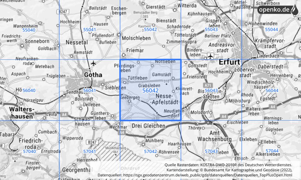 Übersichtskarte KOSTRA-DWD-2010R Rasterfeld Nr. 56042 mit angrenzenden Feldern