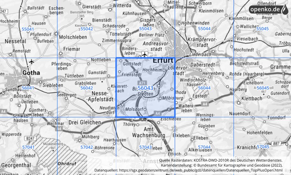 Übersichtskarte KOSTRA-DWD-2010R Rasterfeld Nr. 56043 mit angrenzenden Feldern