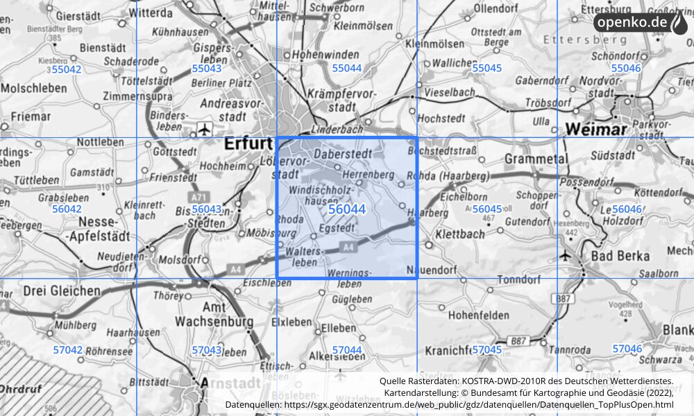 Übersichtskarte KOSTRA-DWD-2010R Rasterfeld Nr. 56044 mit angrenzenden Feldern