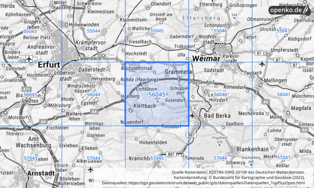 Übersichtskarte KOSTRA-DWD-2010R Rasterfeld Nr. 56045 mit angrenzenden Feldern