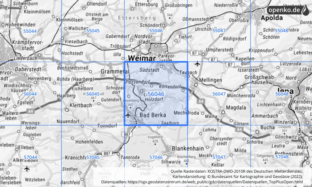 Übersichtskarte KOSTRA-DWD-2010R Rasterfeld Nr. 56046 mit angrenzenden Feldern