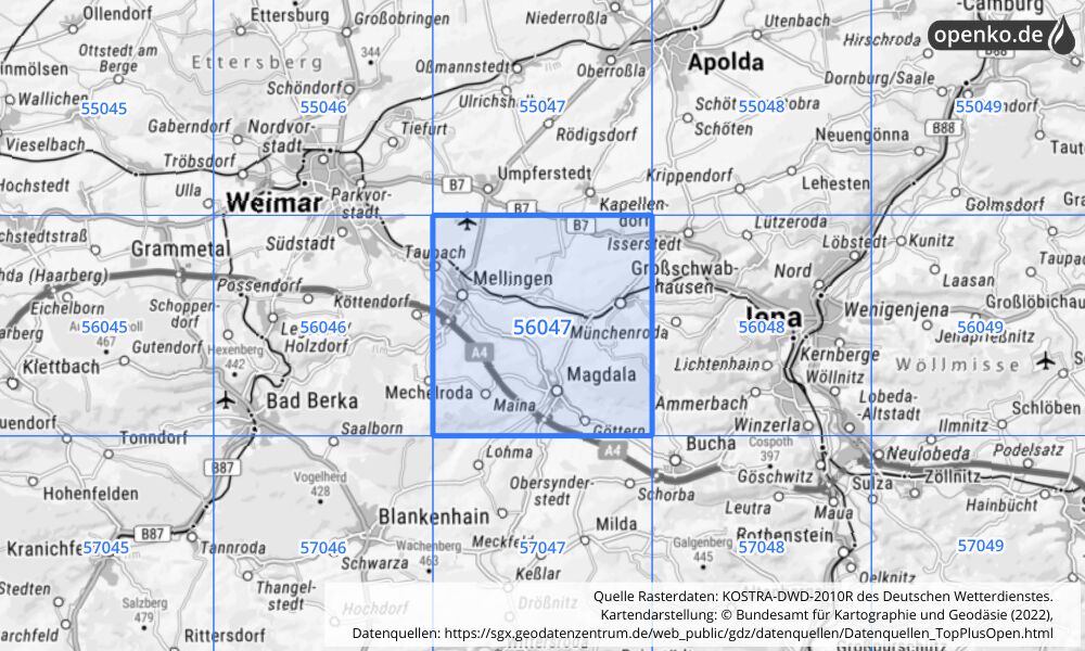 Übersichtskarte KOSTRA-DWD-2010R Rasterfeld Nr. 56047 mit angrenzenden Feldern