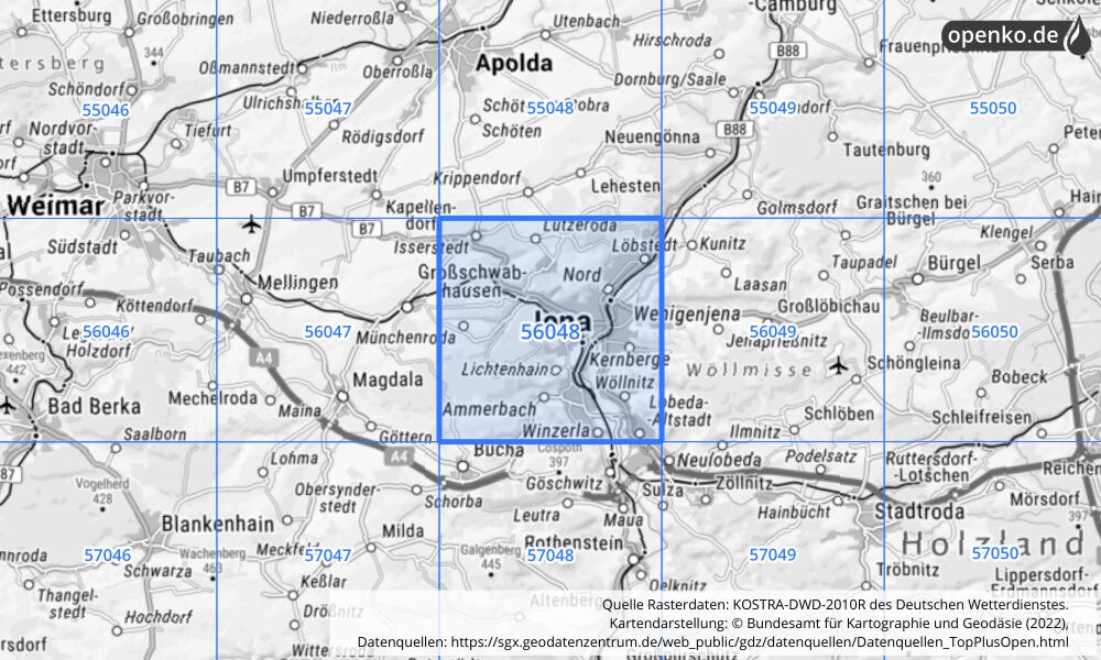 Übersichtskarte KOSTRA-DWD-2010R Rasterfeld Nr. 56048 mit angrenzenden Feldern