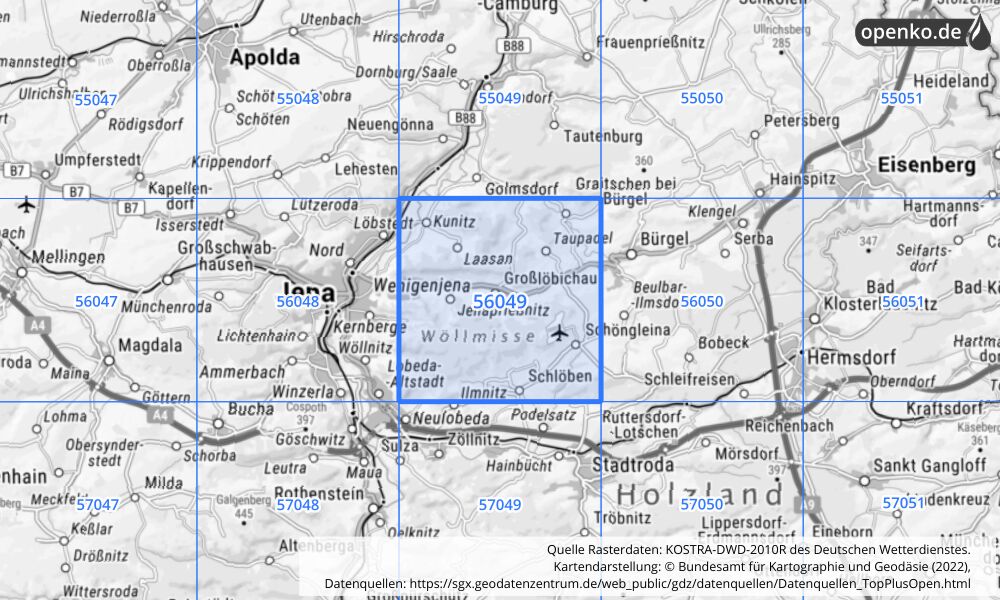 Übersichtskarte KOSTRA-DWD-2010R Rasterfeld Nr. 56049 mit angrenzenden Feldern