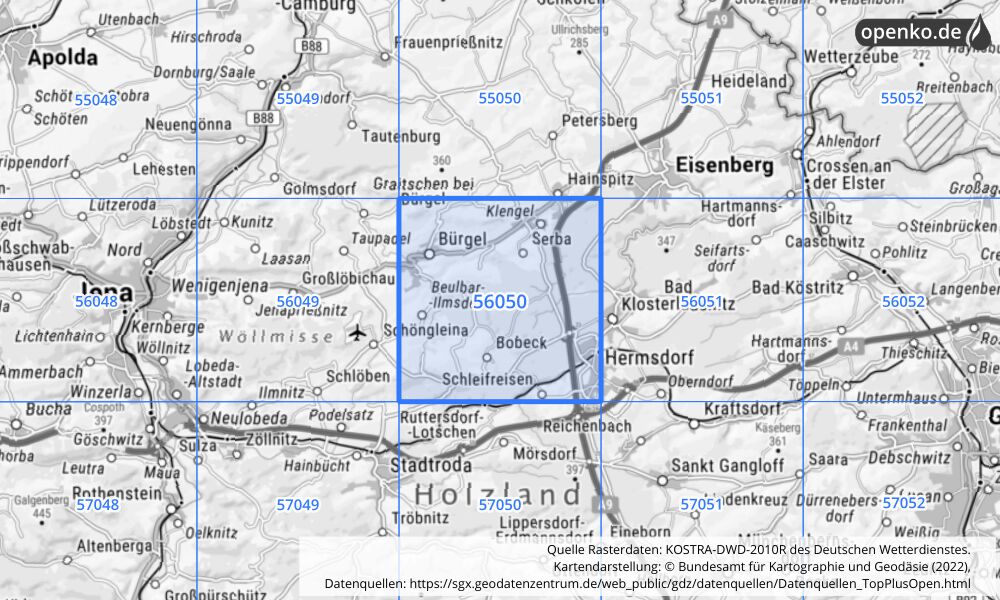 Übersichtskarte KOSTRA-DWD-2010R Rasterfeld Nr. 56050 mit angrenzenden Feldern