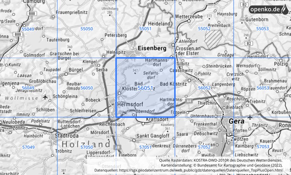 Übersichtskarte KOSTRA-DWD-2010R Rasterfeld Nr. 56051 mit angrenzenden Feldern