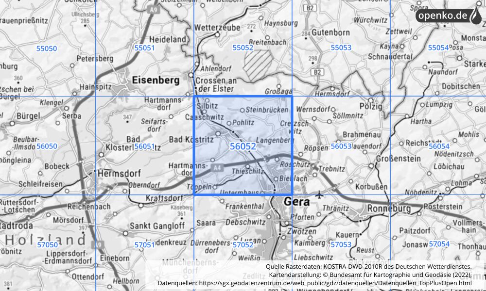 Übersichtskarte KOSTRA-DWD-2010R Rasterfeld Nr. 56052 mit angrenzenden Feldern