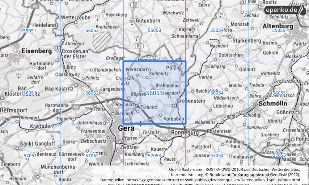 Übersichtskarte KOSTRA-DWD-2010R Rasterfeld Nr. 56053 mit angrenzenden Feldern