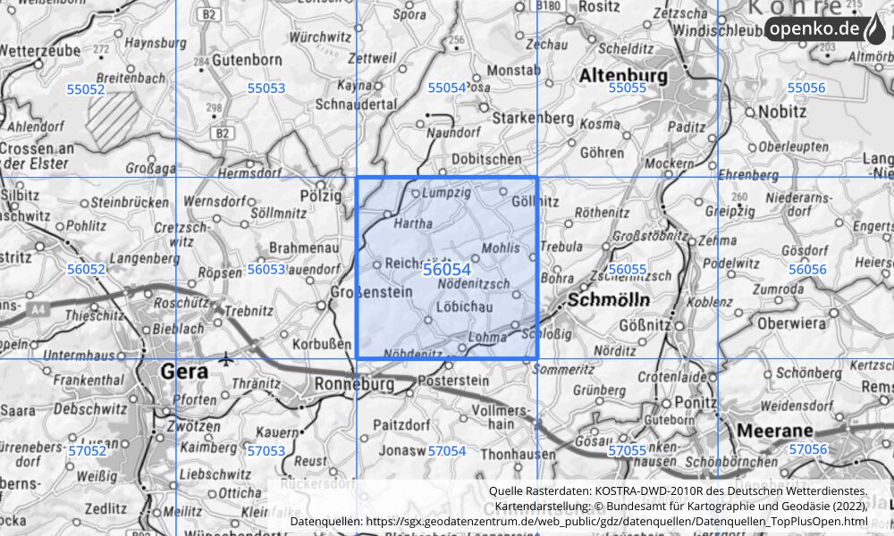 Übersichtskarte KOSTRA-DWD-2010R Rasterfeld Nr. 56054 mit angrenzenden Feldern