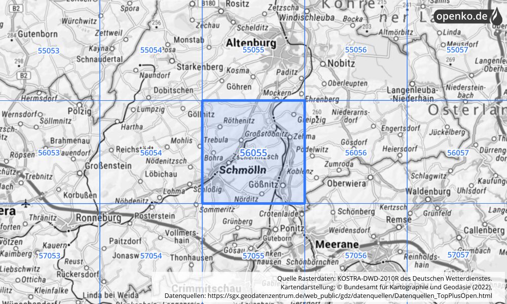 Übersichtskarte KOSTRA-DWD-2010R Rasterfeld Nr. 56055 mit angrenzenden Feldern