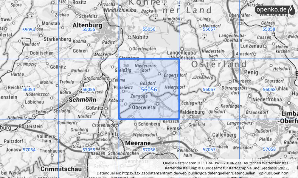 Übersichtskarte KOSTRA-DWD-2010R Rasterfeld Nr. 56056 mit angrenzenden Feldern