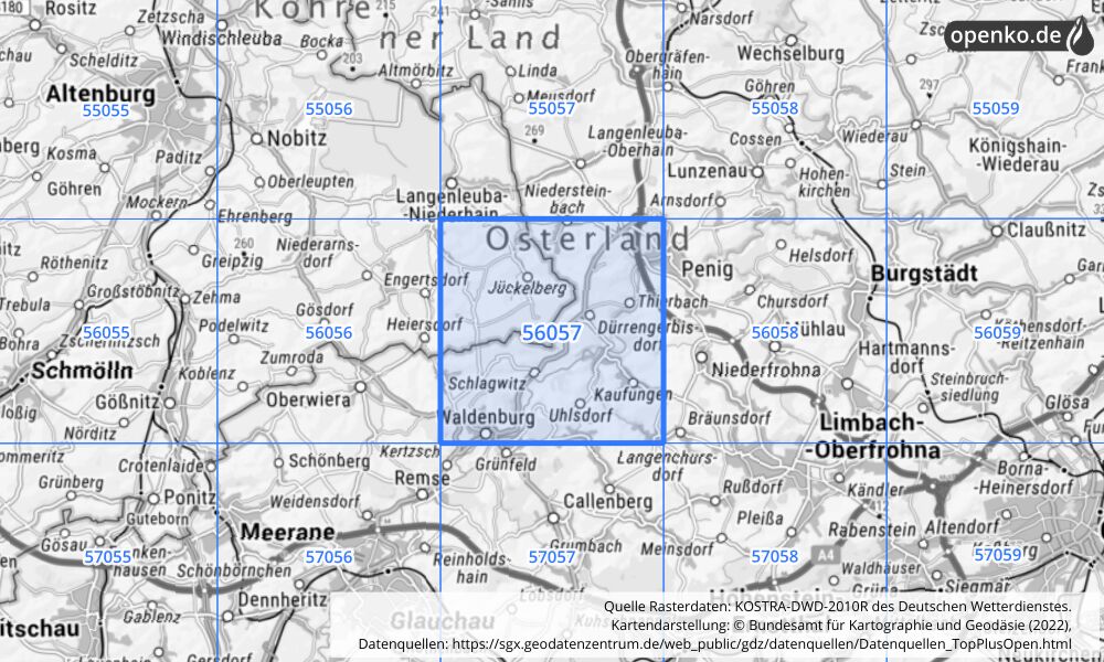 Übersichtskarte KOSTRA-DWD-2010R Rasterfeld Nr. 56057 mit angrenzenden Feldern