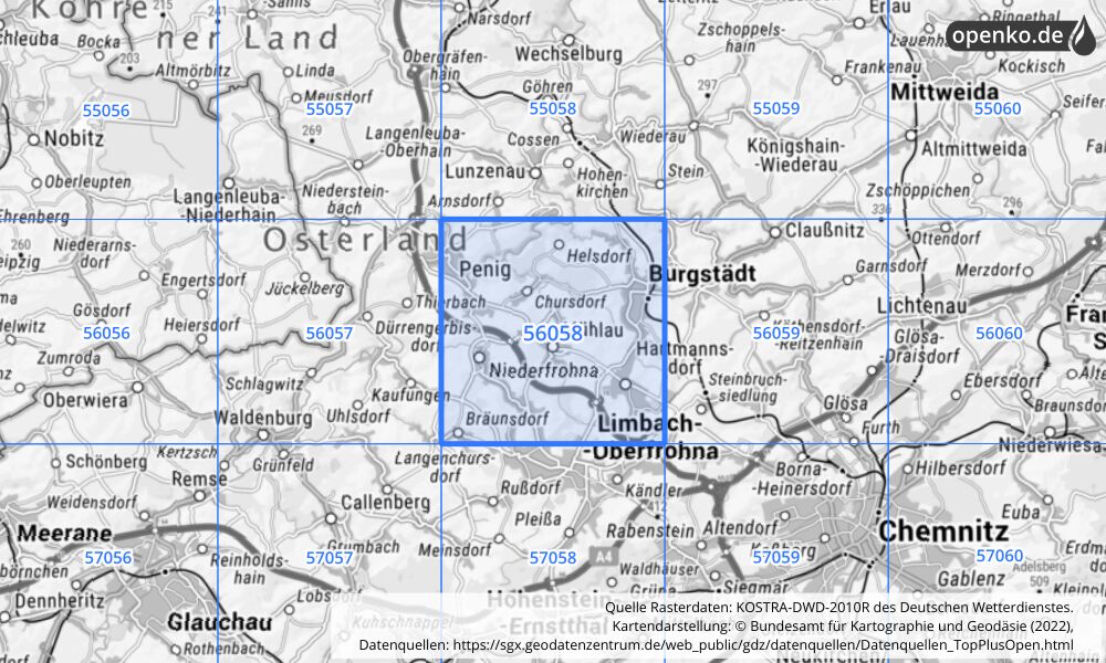 Übersichtskarte KOSTRA-DWD-2010R Rasterfeld Nr. 56058 mit angrenzenden Feldern