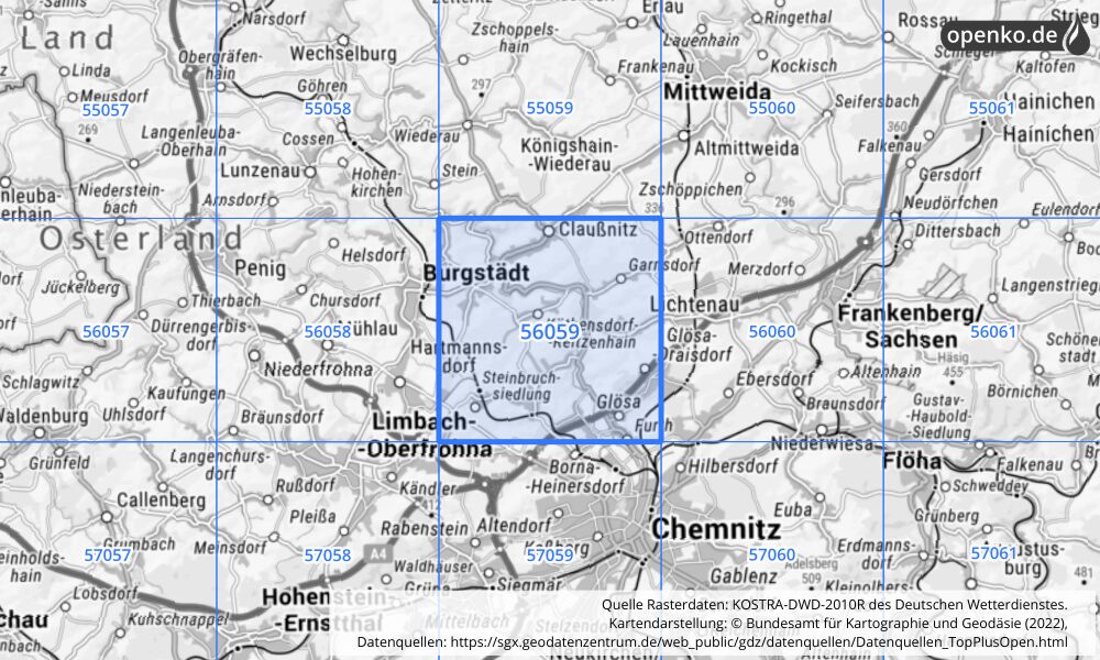 Übersichtskarte KOSTRA-DWD-2010R Rasterfeld Nr. 56059 mit angrenzenden Feldern