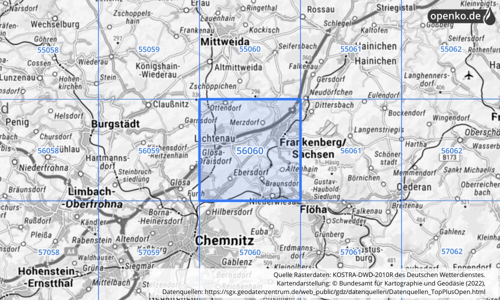 Übersichtskarte KOSTRA-DWD-2010R Rasterfeld Nr. 56060 mit angrenzenden Feldern