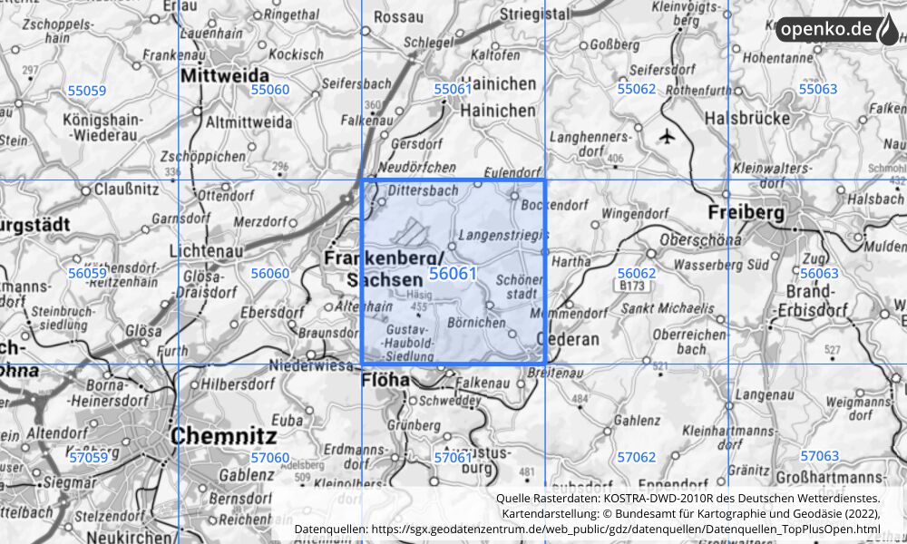 Übersichtskarte KOSTRA-DWD-2010R Rasterfeld Nr. 56061 mit angrenzenden Feldern