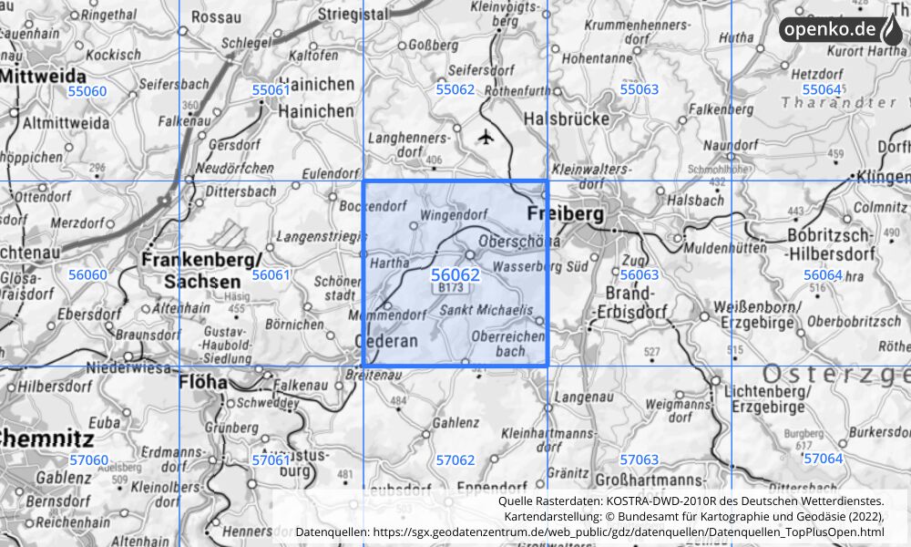 Übersichtskarte KOSTRA-DWD-2010R Rasterfeld Nr. 56062 mit angrenzenden Feldern