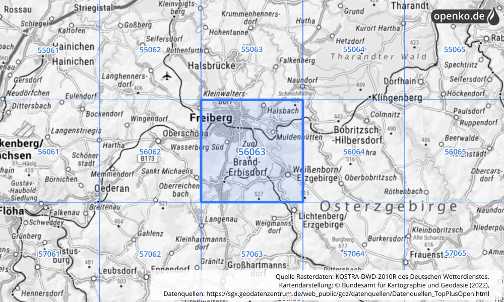 Übersichtskarte KOSTRA-DWD-2010R Rasterfeld Nr. 56063 mit angrenzenden Feldern