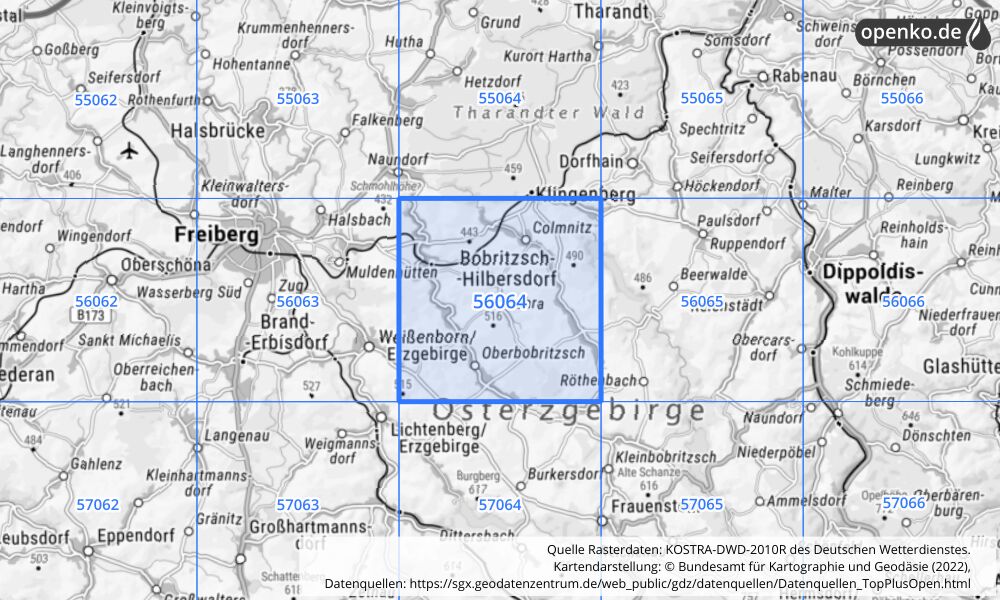 Übersichtskarte KOSTRA-DWD-2010R Rasterfeld Nr. 56064 mit angrenzenden Feldern