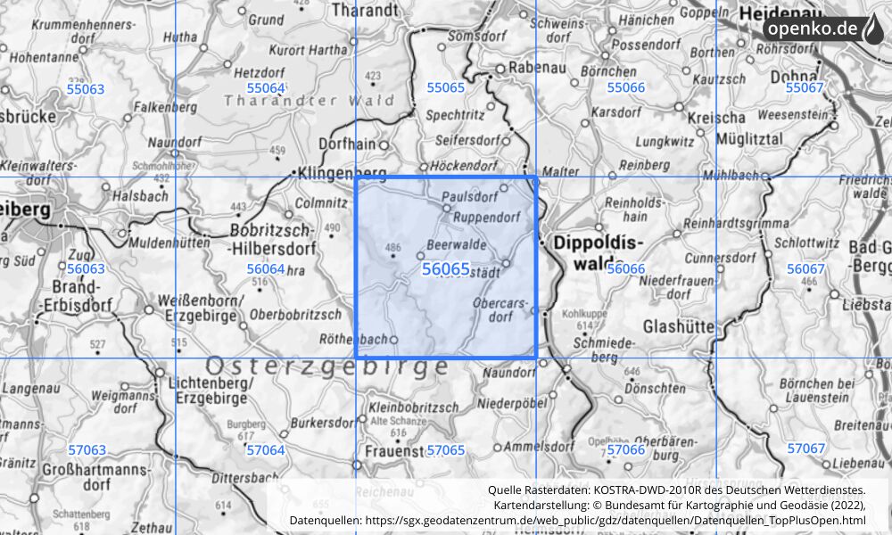 Übersichtskarte KOSTRA-DWD-2010R Rasterfeld Nr. 56065 mit angrenzenden Feldern