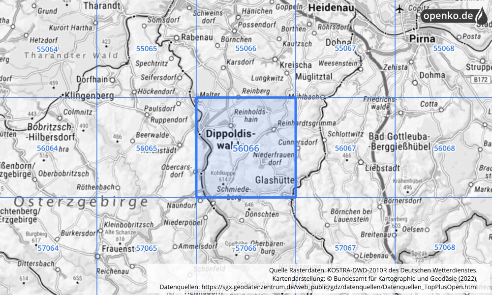 Übersichtskarte KOSTRA-DWD-2010R Rasterfeld Nr. 56066 mit angrenzenden Feldern