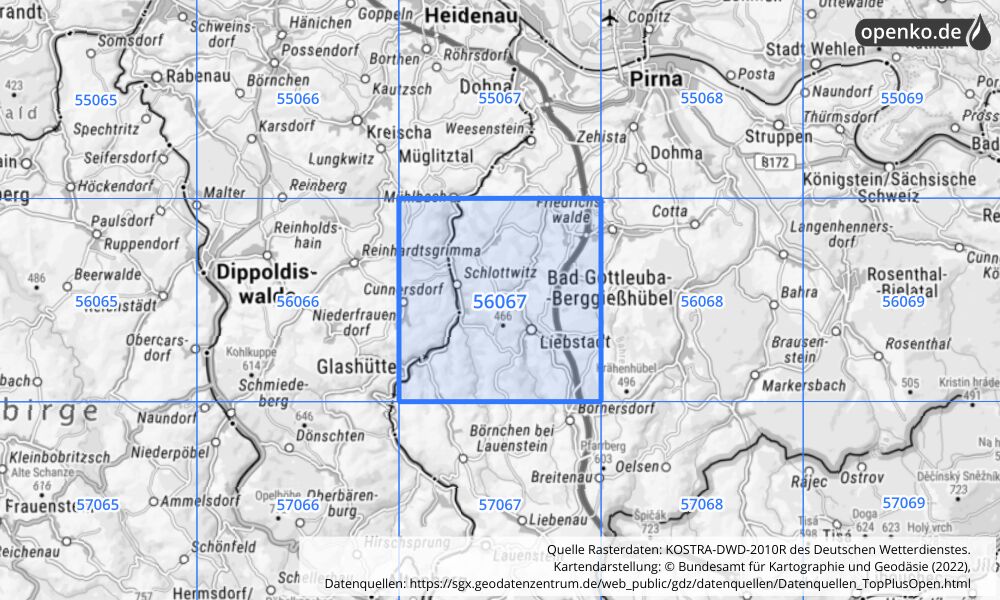 Übersichtskarte KOSTRA-DWD-2010R Rasterfeld Nr. 56067 mit angrenzenden Feldern