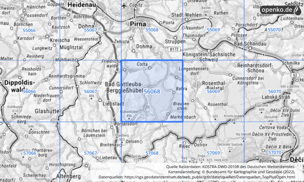 Übersichtskarte KOSTRA-DWD-2010R Rasterfeld Nr. 56068 mit angrenzenden Feldern