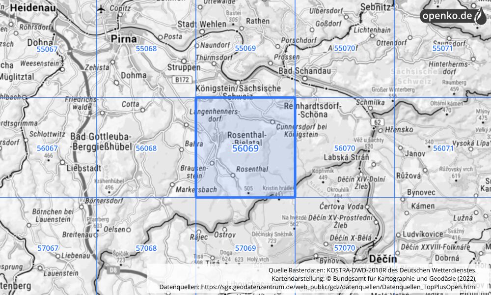 Übersichtskarte KOSTRA-DWD-2010R Rasterfeld Nr. 56069 mit angrenzenden Feldern