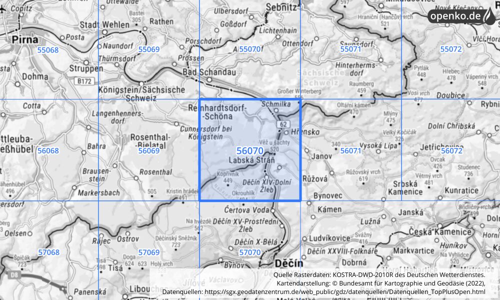 Übersichtskarte KOSTRA-DWD-2010R Rasterfeld Nr. 56070 mit angrenzenden Feldern