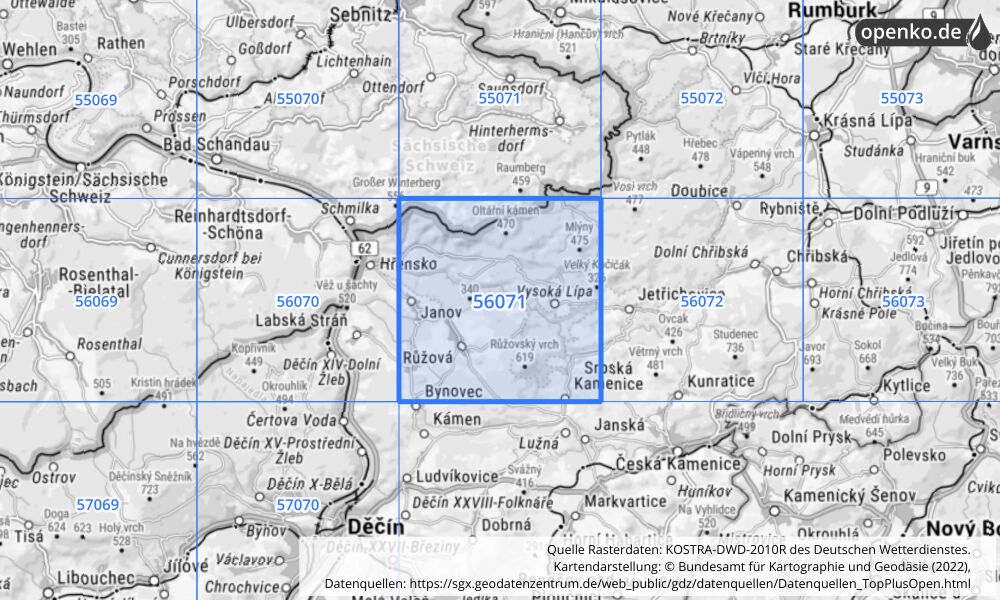 Übersichtskarte KOSTRA-DWD-2010R Rasterfeld Nr. 56071 mit angrenzenden Feldern