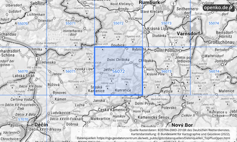 Übersichtskarte KOSTRA-DWD-2010R Rasterfeld Nr. 56072 mit angrenzenden Feldern