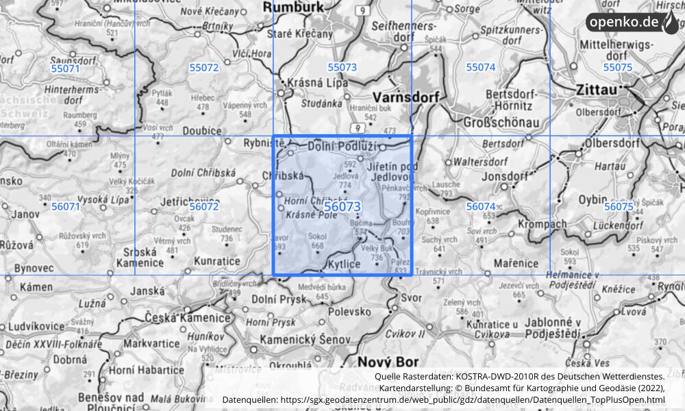 Übersichtskarte KOSTRA-DWD-2010R Rasterfeld Nr. 56073 mit angrenzenden Feldern