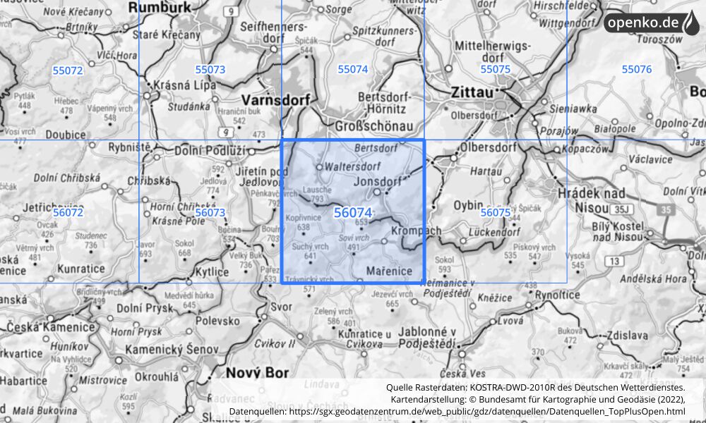 Übersichtskarte KOSTRA-DWD-2010R Rasterfeld Nr. 56074 mit angrenzenden Feldern