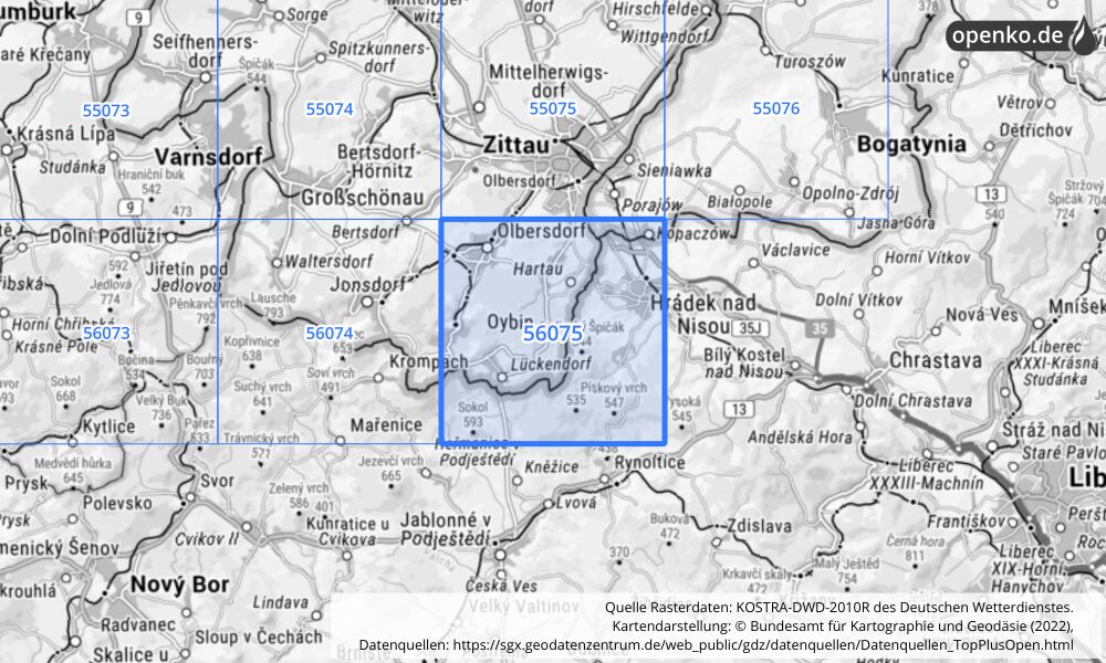 Übersichtskarte KOSTRA-DWD-2010R Rasterfeld Nr. 56075 mit angrenzenden Feldern