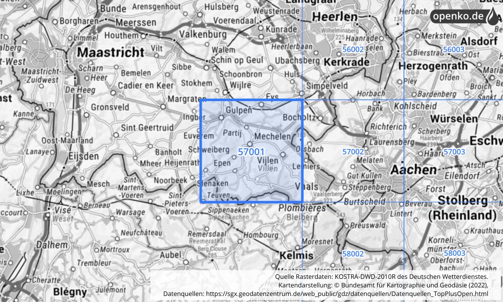 Übersichtskarte KOSTRA-DWD-2010R Rasterfeld Nr. 57001 mit angrenzenden Feldern