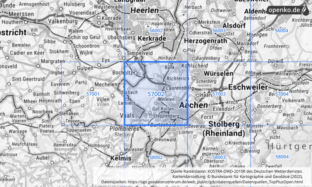 Übersichtskarte KOSTRA-DWD-2010R Rasterfeld Nr. 57002 mit angrenzenden Feldern